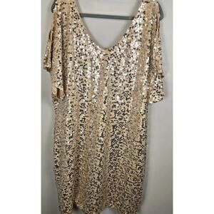 Vintage Y2k DEB Rose Gold Sequin Stretchy Mini Glam Club Dress 3X Double V Neck